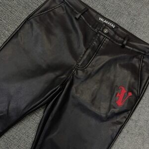 VALABASAS Mens Black Faux Leather Pants 34x31 Zipper Ankle Embroidered Button Fl